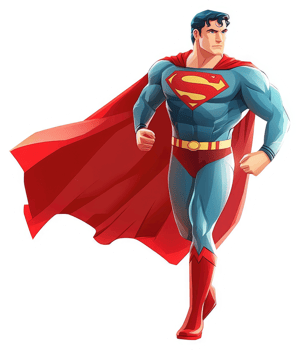 A dynamic illustration of the iconic superman, in a stylized running pose. png