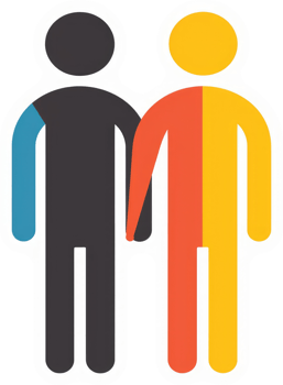 Two stylized figures holding hands, colors representing a combination of flags. png