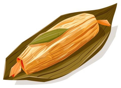 A golden tamale wrapped in a vibrant green leaf. png