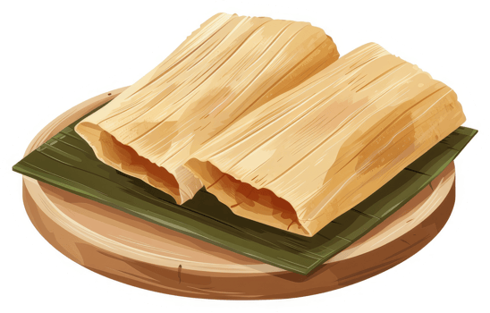 Two tamales resting on a wooden platter. png
