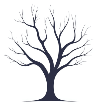 A silhouette of a leafless tree against a plain background. png