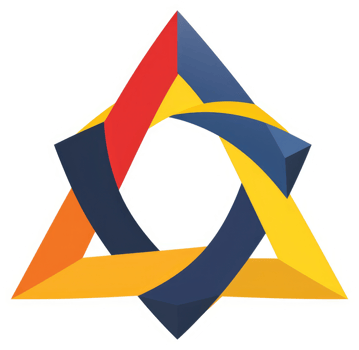 A colorful, geometric logo design featuring interwoven triangles. png