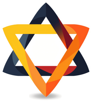 A vibrant, abstract star design featuring interlocking triangles in varying shades of orange, yellow, and black. png