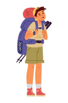 Cute teenage boy standing with backpack and hiking poles flat illustration isolated on white. Hiking and tourism for children. Summer outdoors activities. vector