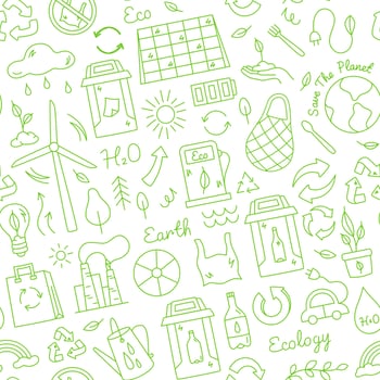 Eco icon pattern. Recycle, ecology and green energy seamless print, zero waste ecological symbols for wrapping paper, environmental fabric textile. eco friendly texture vector
