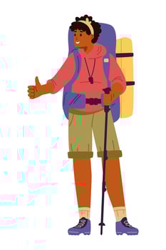 African American woman hiking with backpack and hiking pole showing thumb up flat illustration isolated on white. vector