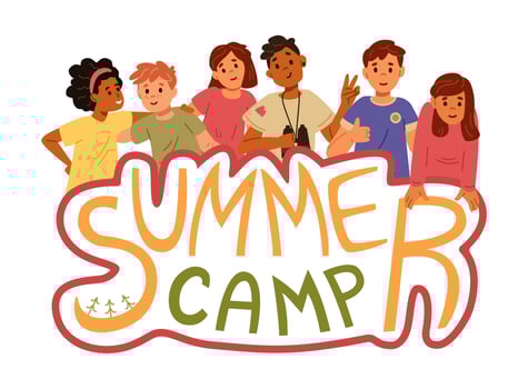Summer camp banner with illustration of diverse group of children standing together and holding hand drawn lettering isolated on white. vector