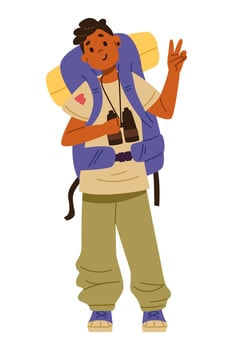 Cute African American teenage boy standing with backpack and binoculars making peace gesture flat illustration isolated on white. Hiking and tourism for children. Summer outdoors activities. vector