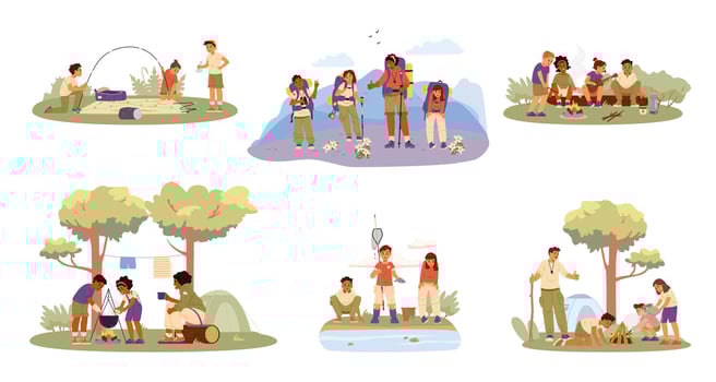Multiracial children camping flat illustrations set isolated on white. Diverse kids making food on fire, playing ukulele, making bonfire, fishing, roasting marshmallow vector