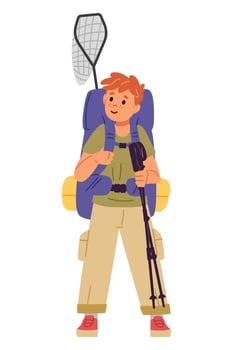 Cute teenage boy tourist standing with backpack, hiking poles and butterfly net flat illustration isolated on white. Hiking and tourism for children. Summer outdoors activities. vector