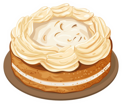 A delectable round cake topped with a fluffy, light-yellow whipped cream design. png
