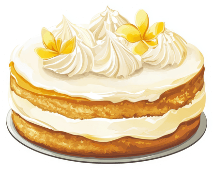 A delicious layered cake with vanilla frosting and plumeria flowers. png