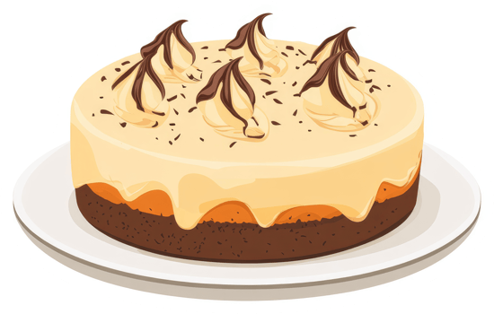 A delectable layered cake with a creamy topping and chocolate swirls. png