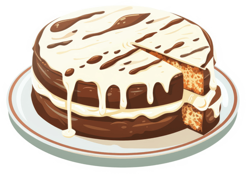 A delicious slice of chocolate cake with white icing. png
