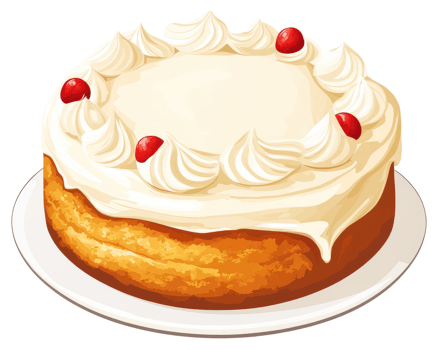 A delectable round cake adorned with creamy frosting and red cherries. png