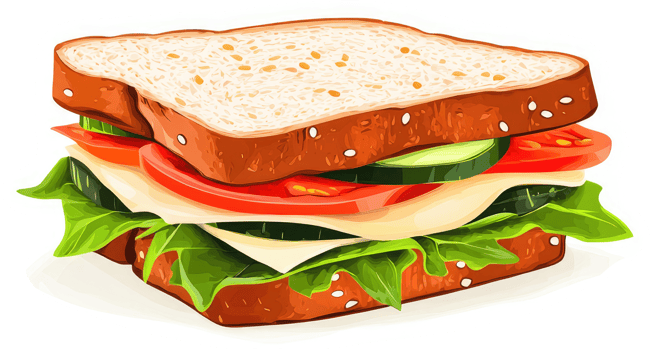 A delicious sandwich with cheese, vegetables, and whole-grain bread. png