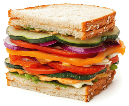 A colorful layered vegetable sandwich with whole grain bread. png