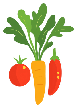 A colorful illustration of a tomato, carrot, and chili pepper with leaves. png
