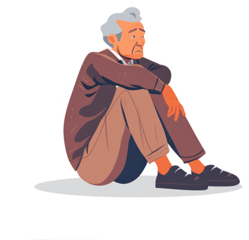 Depressed elderly man sitting alone on the floor. png