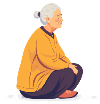 A pensive elderly woman sits in a thoughtful pose. png