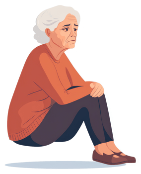 A sorrowful elderly woman sits alone, appearing pensive and lonely. png