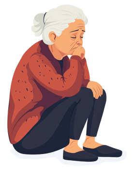 Depressed senior woman sitting in a pensive posture. png
