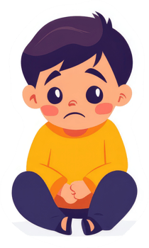 A cartoon illustration of a sad young boy sitting. png