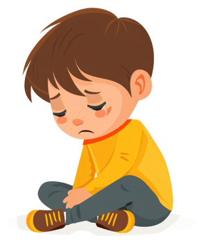 A young boy sits sadly on the floor, tears welling up in his eyes. png