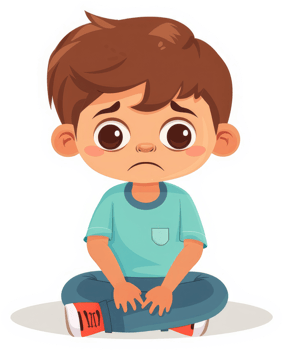 A young boy sits sadly, his expression conveying distress. png