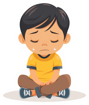 A sad little boy sits on the floor, tears in his eyes. png