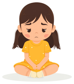 A young girl with a solemn expression sitting on the floor. png