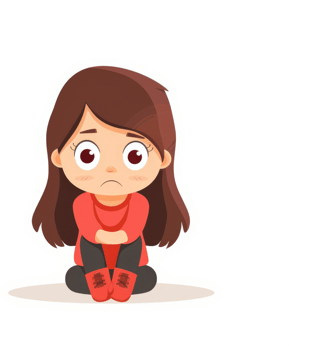 A sad little girl sitting and looking downcast. png