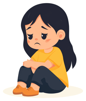 A dejected cartoon girl sitting with a sad expression. png
