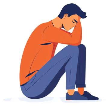 A young man sits dejectedly, head in hands, expressing sadness. png