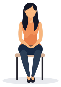 A woman sits thoughtfully in a chair, head bowed. png