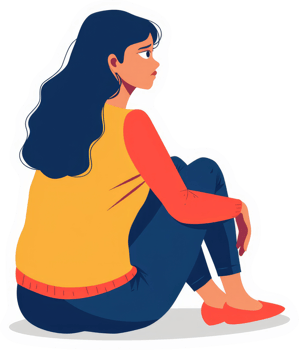 A pensive young woman sits alone, lost in thought. png