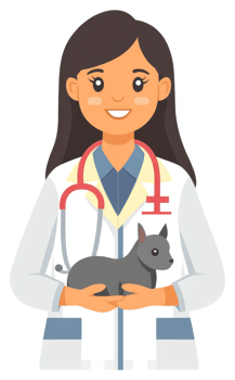 A female veterinarian holding a small gray dog. png