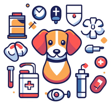 A beagle dog surrounded by veterinary medical supplies. png