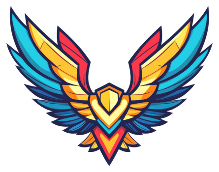 Vibrant colorful wings with a stylized shield emblem. png