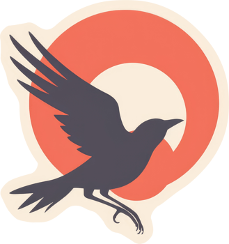 A stylized silhouette of a crow in flight against a sunset. png
