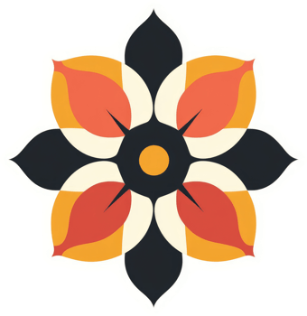A vibrant, symmetrical, stylized flower design in warm colors. png