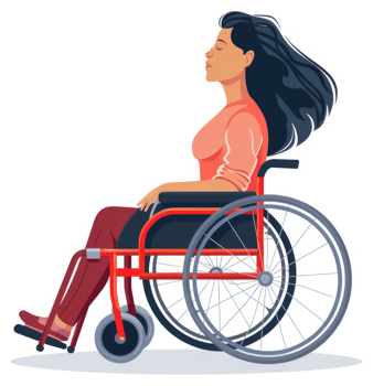 A woman sits serenely in a red wheelchair. png