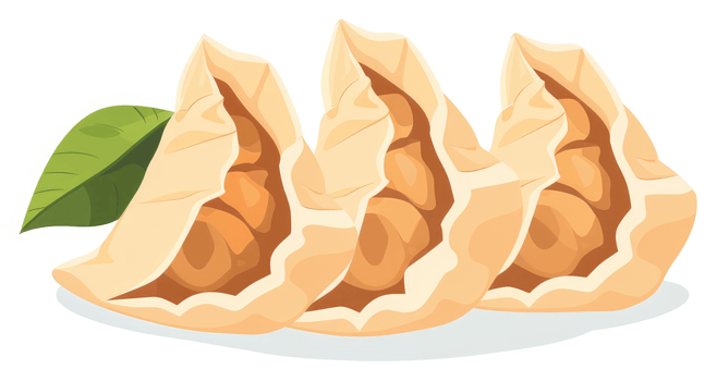 Three triangular pastries filled with savory ingredients. png