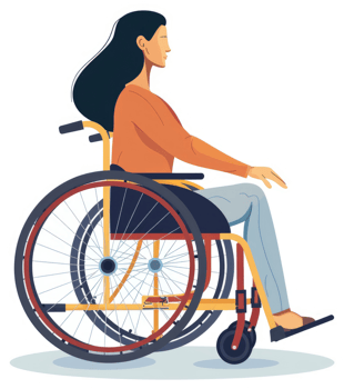 A woman in an orange sweater sits in a wheelchair, profile view. png