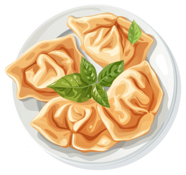 Three golden dumplings on a plate with fresh basil. png