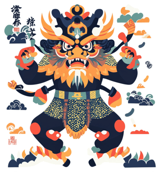 Vibrant illustration of a mythical creature, likely a chinese guardian deity. png