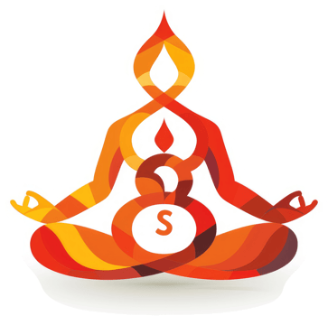 A stylized logo featuring a figure in a seated meditation pose, utilizing vibrant orange and red hues. png
