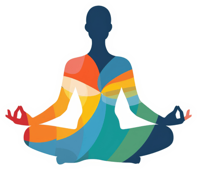 A vibrant illustration of a person in a meditative pose, adorned with colorful, layered shapes. png