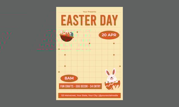 Easter Day Flyer. Easter holiday, hare with a basket of Easter eggs vector
