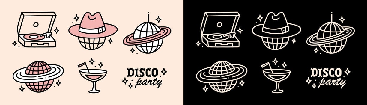 Disco ball cosmic cowgirl party girls night decorations black pink aesthetic doodle drawing bundle pack retro cowboy hat celestial witch theme cocktail bachelorette birthday music event illustrations vector